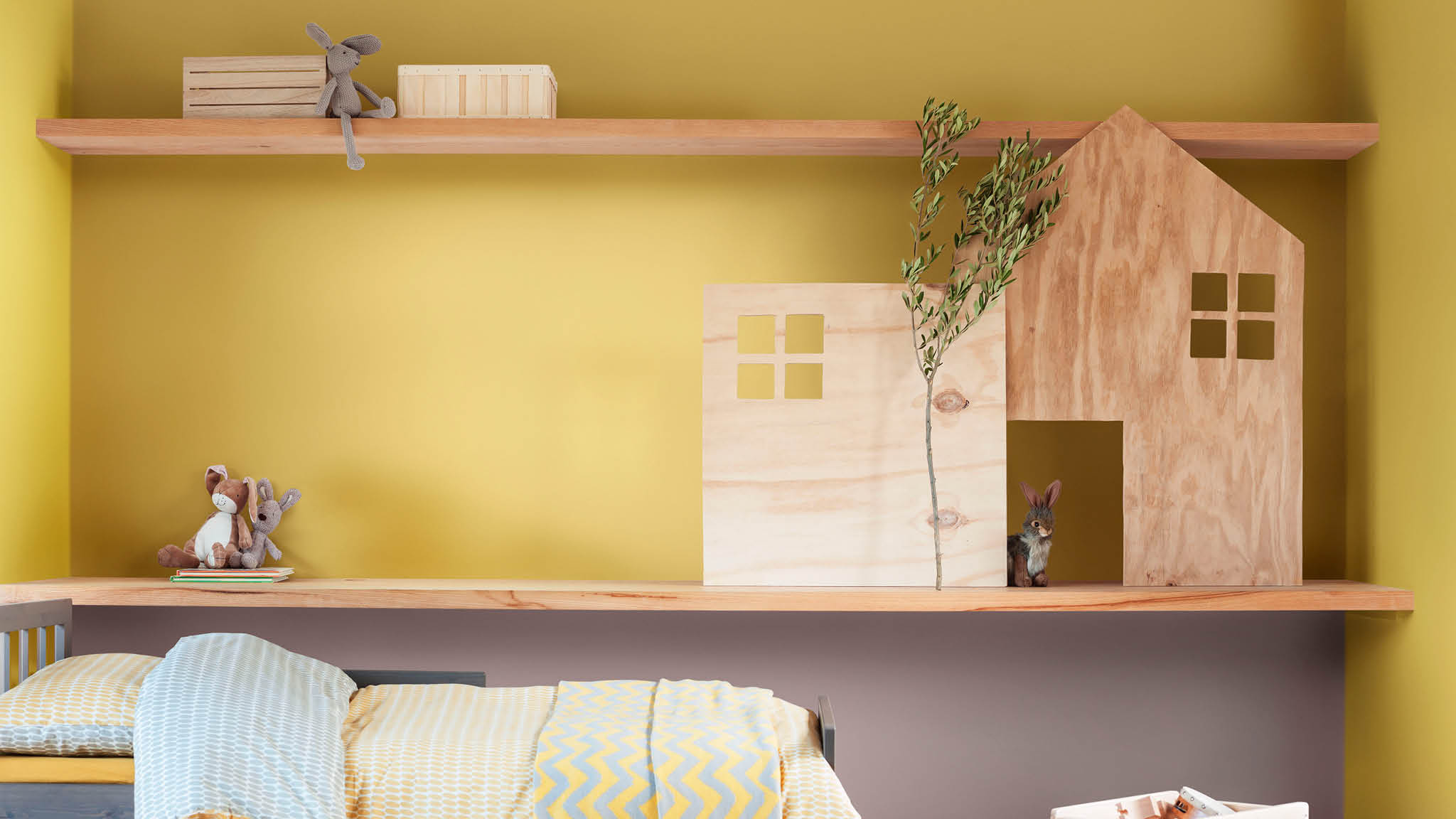 Yellow and Heart Wood child’s bedroom Pair yellow and Heart Wood in your child’s bedroom